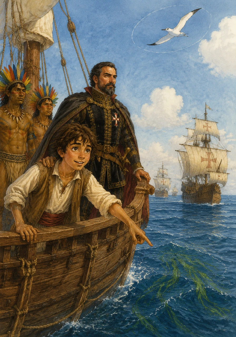 One sunny afternoon, Pedro noticed long strands of green seaweed known as botelho floating in the blue water. High above, a small white bird called a fura-bucho circled the masts, which was a sure sign that land was finally nearby.