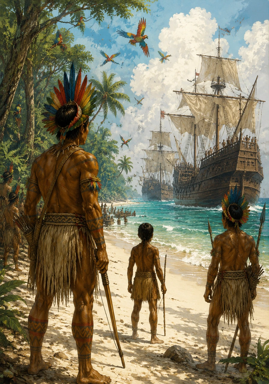 As the ships dropped anchor near the shore, Pedro saw people with golden-brown skin standing on the white sands, watching the massive vessels with curiosity. These were the Tupiniquim people, the original inhabitants of this lush paradise filled with colorful parrots and giant trees.