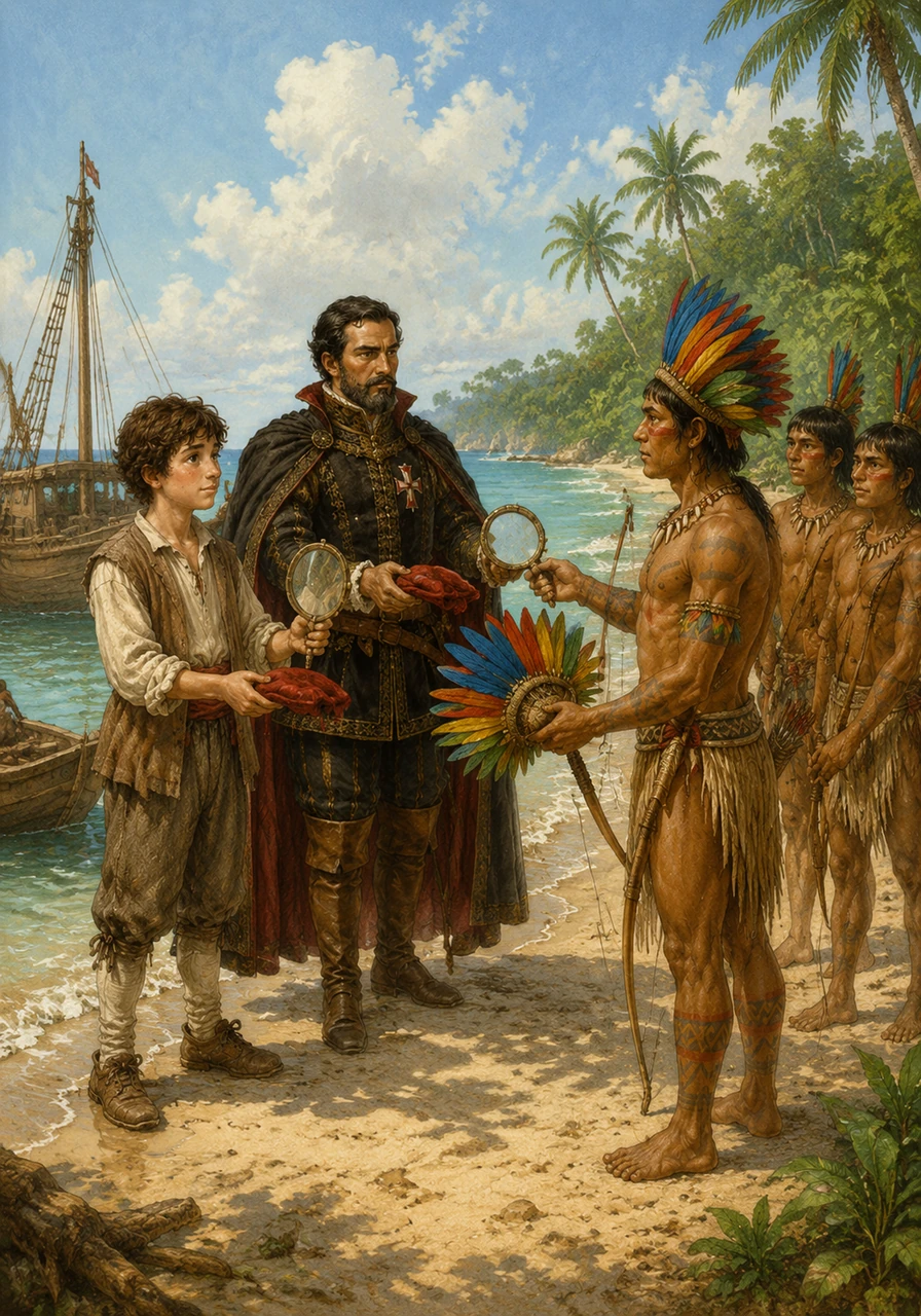 Pedro joined the captain on a small boat to meet the locals, carrying mirrors and red hats as peace offerings. The Indigenous people offered beautiful feather headdresses and wooden bows in return, marking the first peaceful exchange between two very different cultures.
