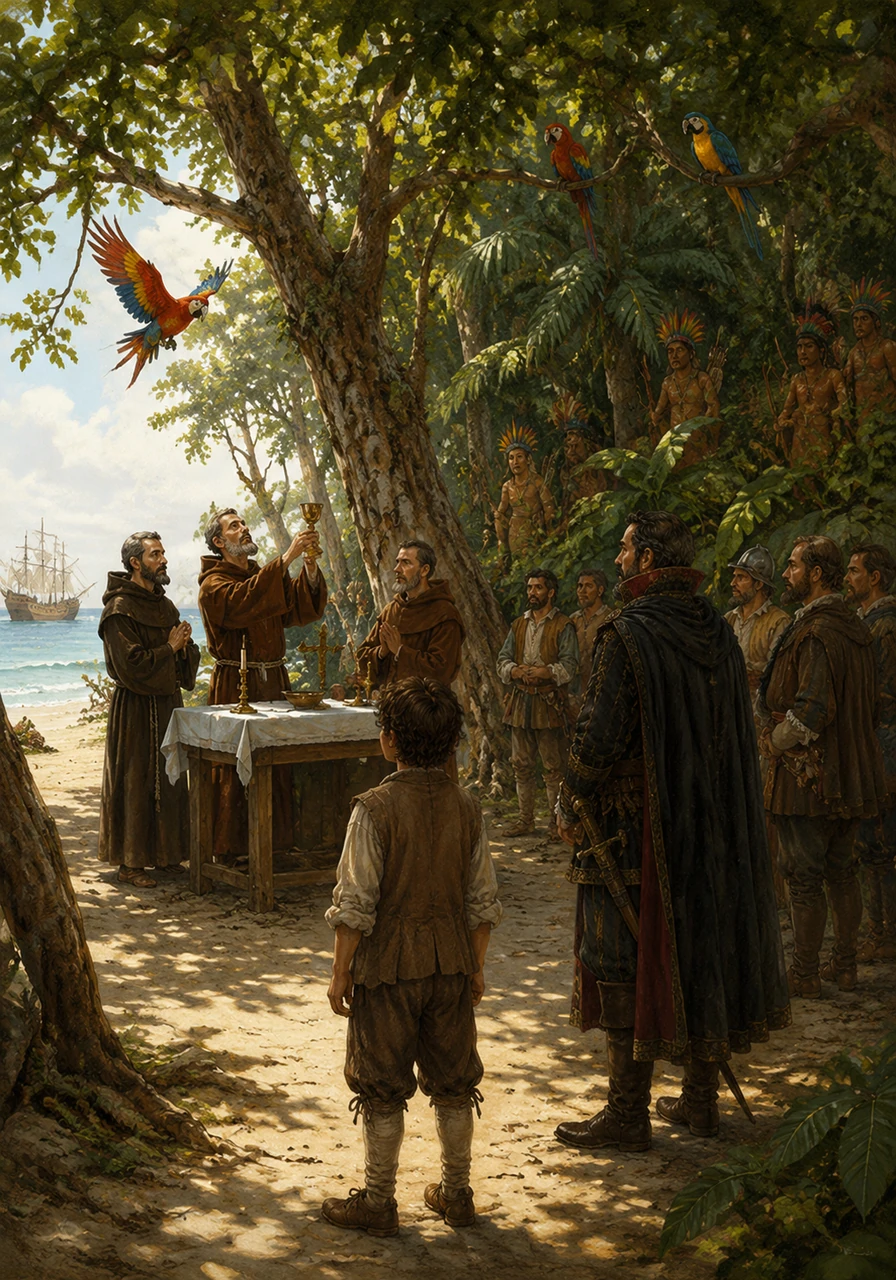 Under the shade of towering trees, the Portuguese friars set up an altar to celebrate the first Mass on the sandy shore. Pedro watched in awe as the sounds of hymns mixed with the calls of exotic birds and the rustling leaves of the deep green jungle.