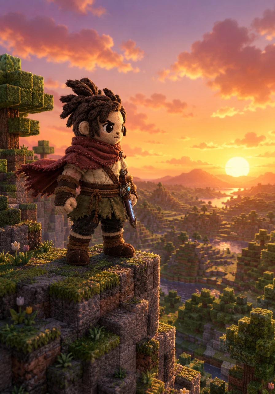 Jax stood at the edge of a jagged mountain peak, looking out over the sprawling blocky landscape of the SMP. The sun was setting, painting the cubes of grass and stone in warm, golden hues while the wind whistled through the square leaves of the trees.