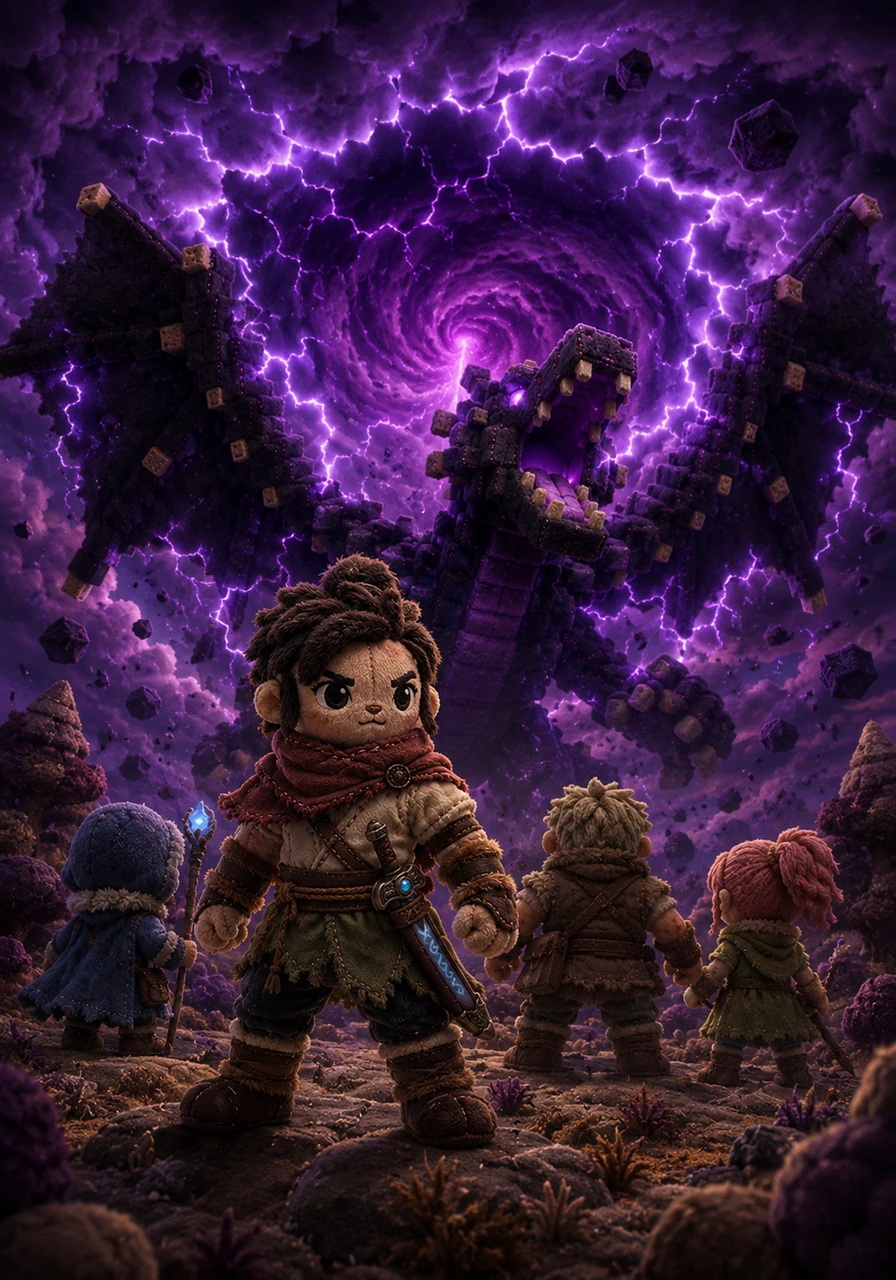Suddenly, the sky fractured into a mosaic of deep purples and jagged blacks as a massive rift tore through the clouds. The peaceful atmosphere vanished, replaced by a low, rumbling hum that shook the very foundations of the world and turned the horizon into a swirling vortex.