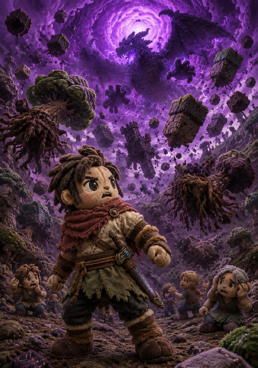 Blocks began to float upward, defying gravity as the cataclysm took hold of the valley below. Jax watched in awe and fear as ancient trees were uprooted and stone structures crumbled, their fragments drifting into the hungry purple void above.
