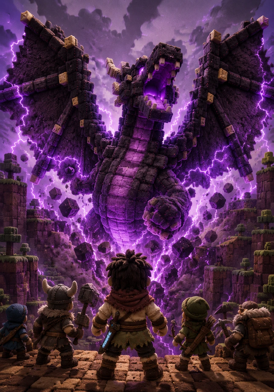 From the center of the rift, a monstrous shadow dragon emerged, its wings casting a terrifying silhouette over the blocky world. It let out a roar that echoed through the canyons, challenging anyone who dared to stand in its way as purple lightning crackled around its scales.