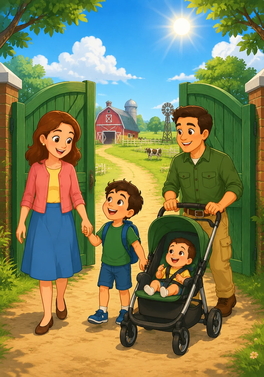 Leo arrives at the big green farm gate, holding his mother's hand while his father pushes the stroller. The sun is shining brightly in the blue sky, and everything looks new and exciting.