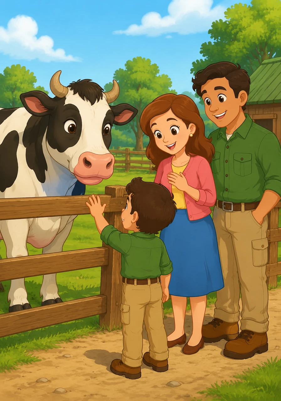 A big cow walks over to the fence, looking right at Leo with gentle eyes. Leo reaches out his small hand to wave hello to the cow, who says moo.