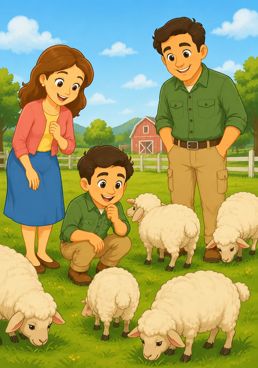 A group of fluffy white sheep are munching on green grass nearby. Leo giggles as he watches them wiggle their tails and listen to their soft baa sounds.