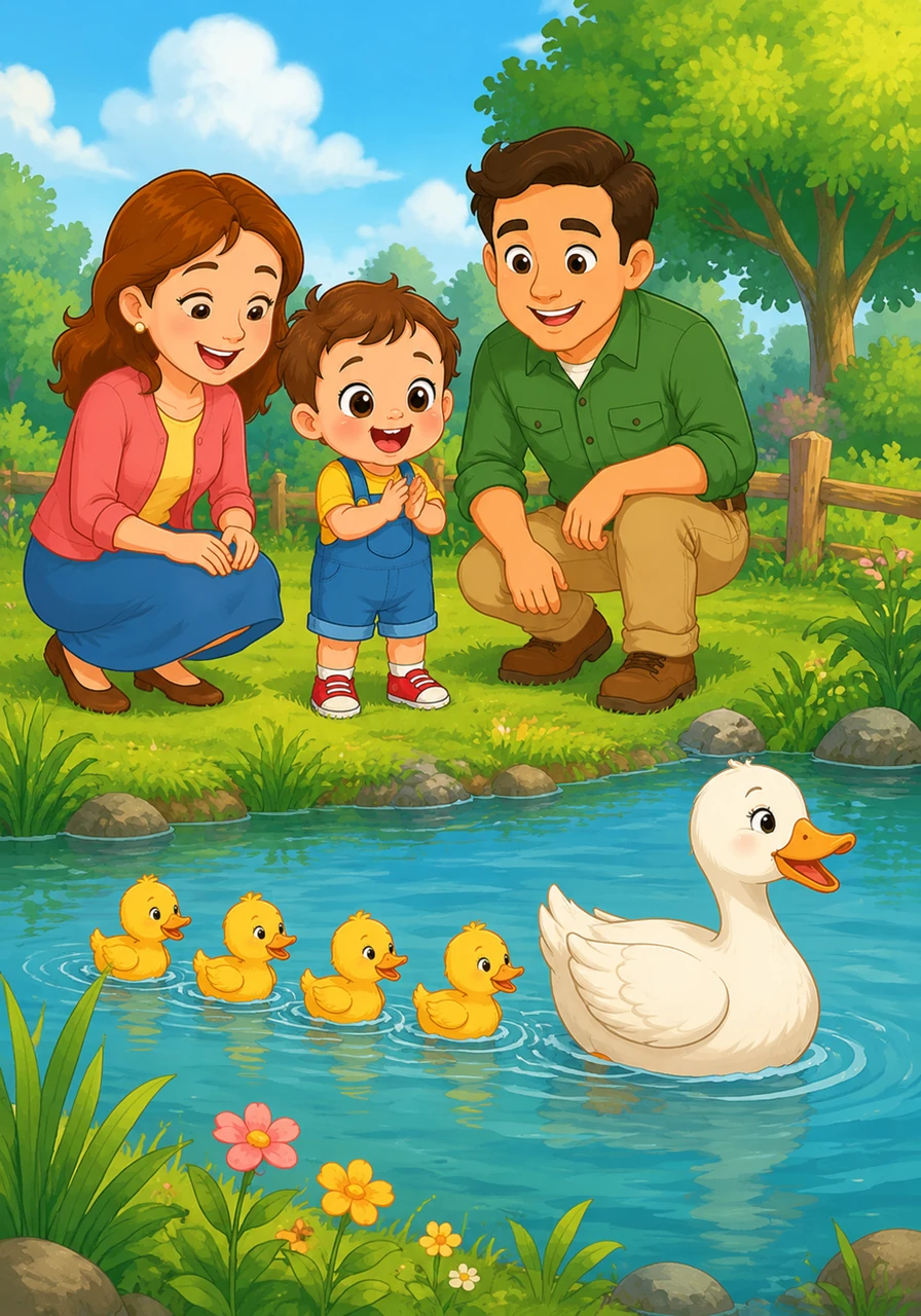 Near the small pond, a mother duck leads her little ducklings across the water. They make a funny quack sound that makes Leo clap his hands with joy.