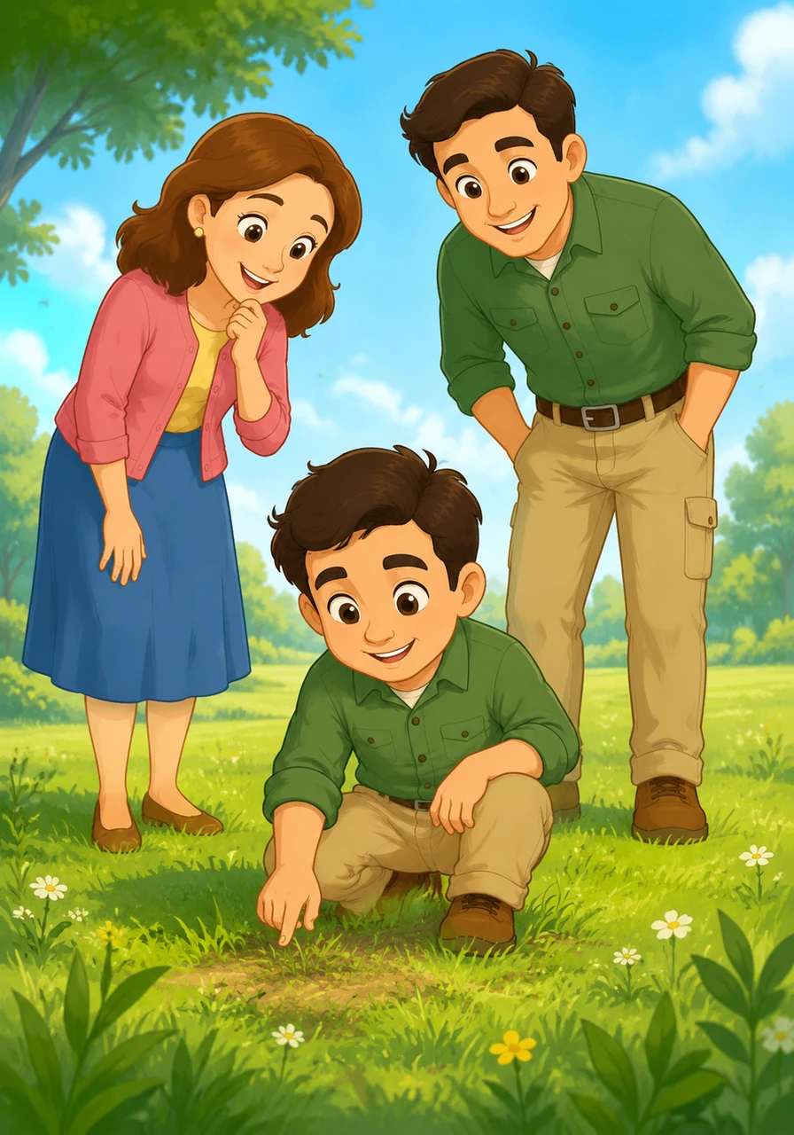 Leo sits in the soft, tickly green grass and touches the earth with his fingers. He feels the warm breeze on his cheeks while his parents smile down at him.