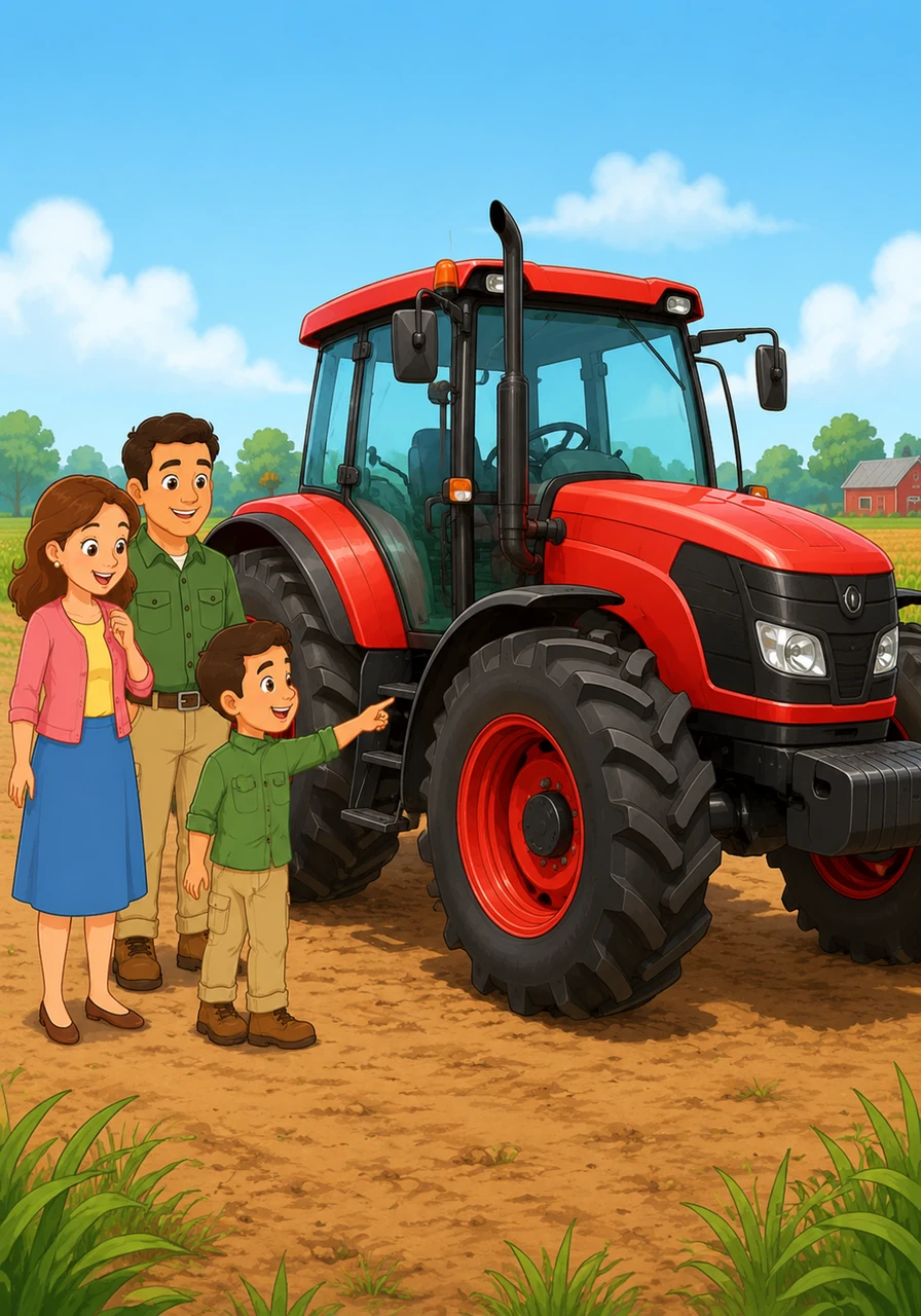 A shiny red tractor sits in the middle of the field, looking very big and strong. Leo points at the giant wheels, amazed by the bright color and size of the machine.
