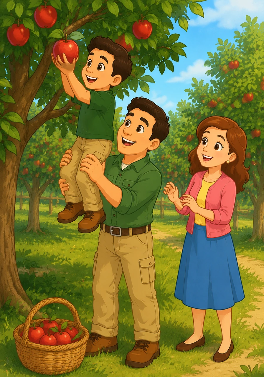 In the orchard, Leo helps his father reach for a juicy red apple hanging low on a tree. He holds the smooth fruit in his hands, feeling its round shape and cool skin.