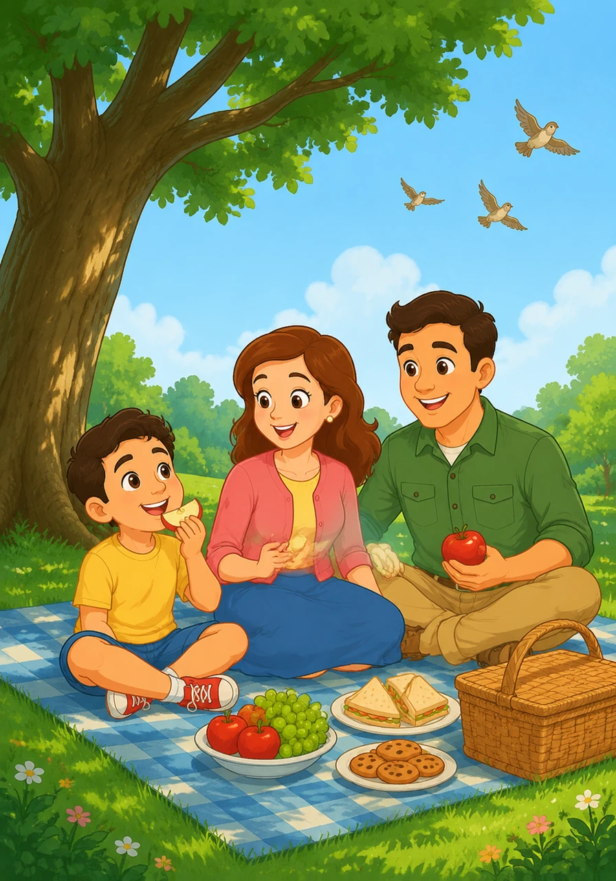 The family sits on a soft blanket under a shady tree to share a yummy snack together. Leo enjoys a piece of apple while watching the birds fly high above them.