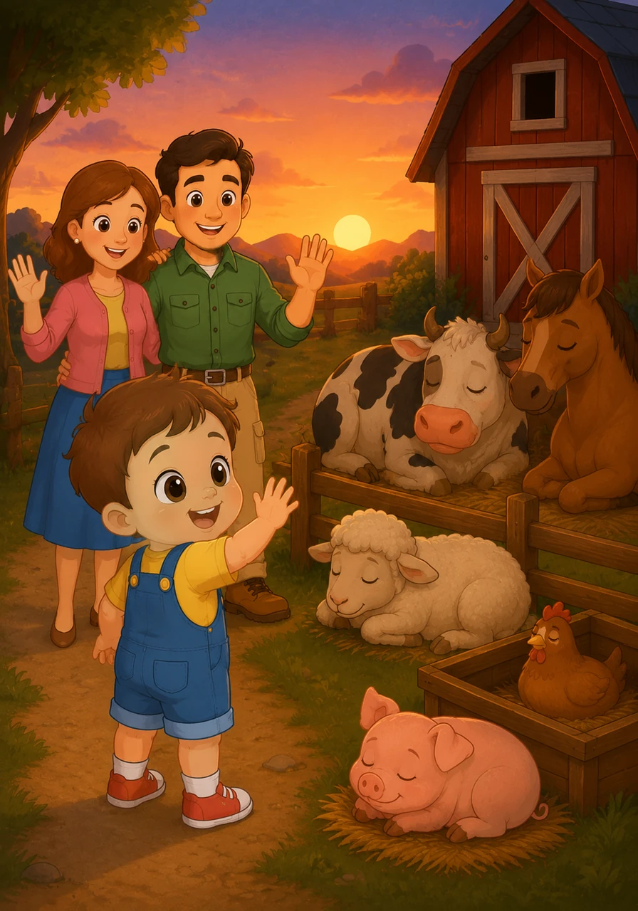 As the sun starts to set, Leo waves a sleepy goodbye to all his new animal friends. The farm is quiet now, and the animals are getting ready to sleep.