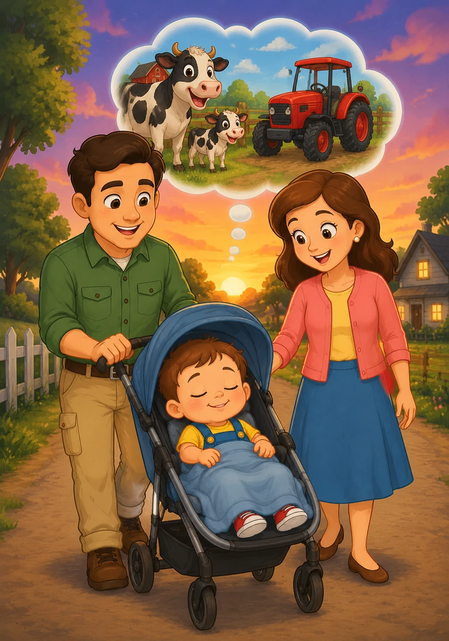 Leo is tucked snugly into his stroller, feeling tired and happy after his big day. He closes his eyes, dreaming of the friendly cows and the bright red tractor as they head home.