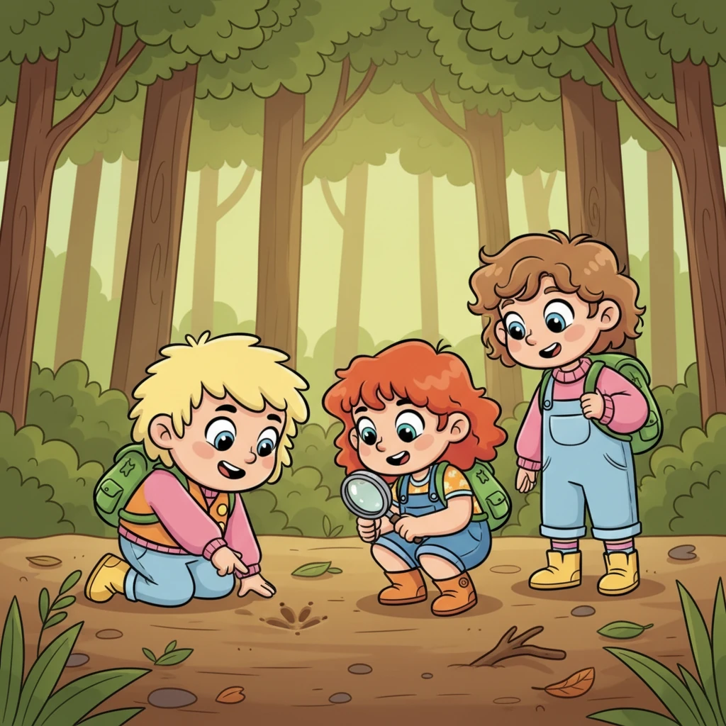 Następnie grupa postanowiła poszukać śladów zwierząt na miękkiej ziemi. Ignas jako pierwszy znalazł odcisk łapki, a Marta od razu rozpoznała, że to ślad małego ptaka. Wszyscy z zapałem szukali kolejnych wskazówek, czując się jak prawdziwi detektywi przyrody.