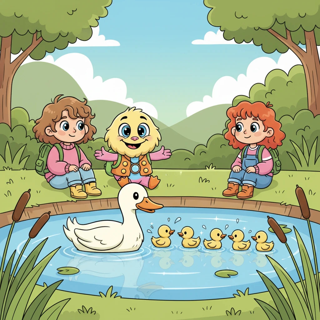 Idąc dalej, dotarli do ukrytego stawu, gdzie pływała rodzina kaczuszek z mamą kaczką na czele. Małe, puszyste kaczuszki wesoło pluskały się w wodzie, a ich piórka lśniły w słońcu. Dzieci cicho usiadły na brzegu, obserwując ich zabawę.