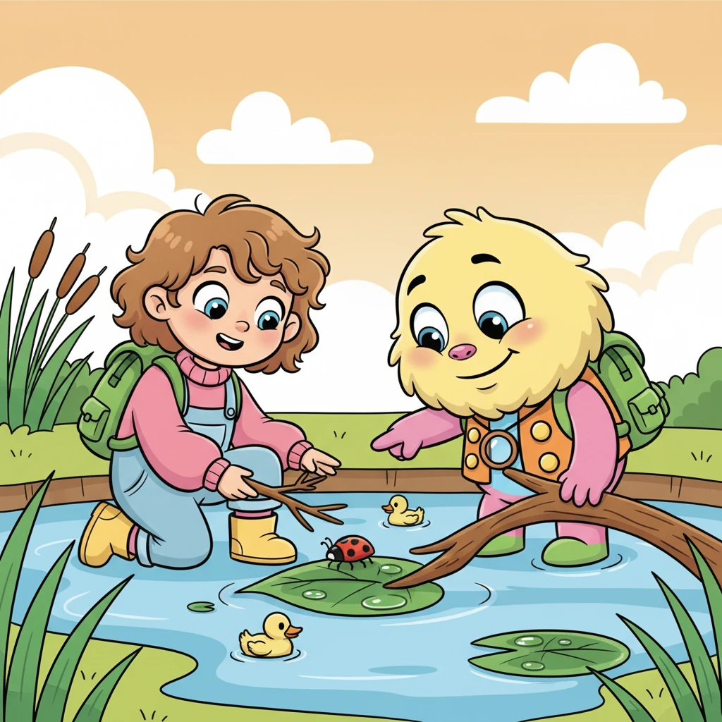 Podczas gdy obserwowali kaczuszki, Elenka zauważyła biedronkę, która utknęła na mokrym liściu. Delikatnie, z pomocą Michała, przenieśli ją na suchą gałązkę. Czuły się dumnie, że mogły pomóc małemu stworzonku wrócić do bezpiecznego miejsca.