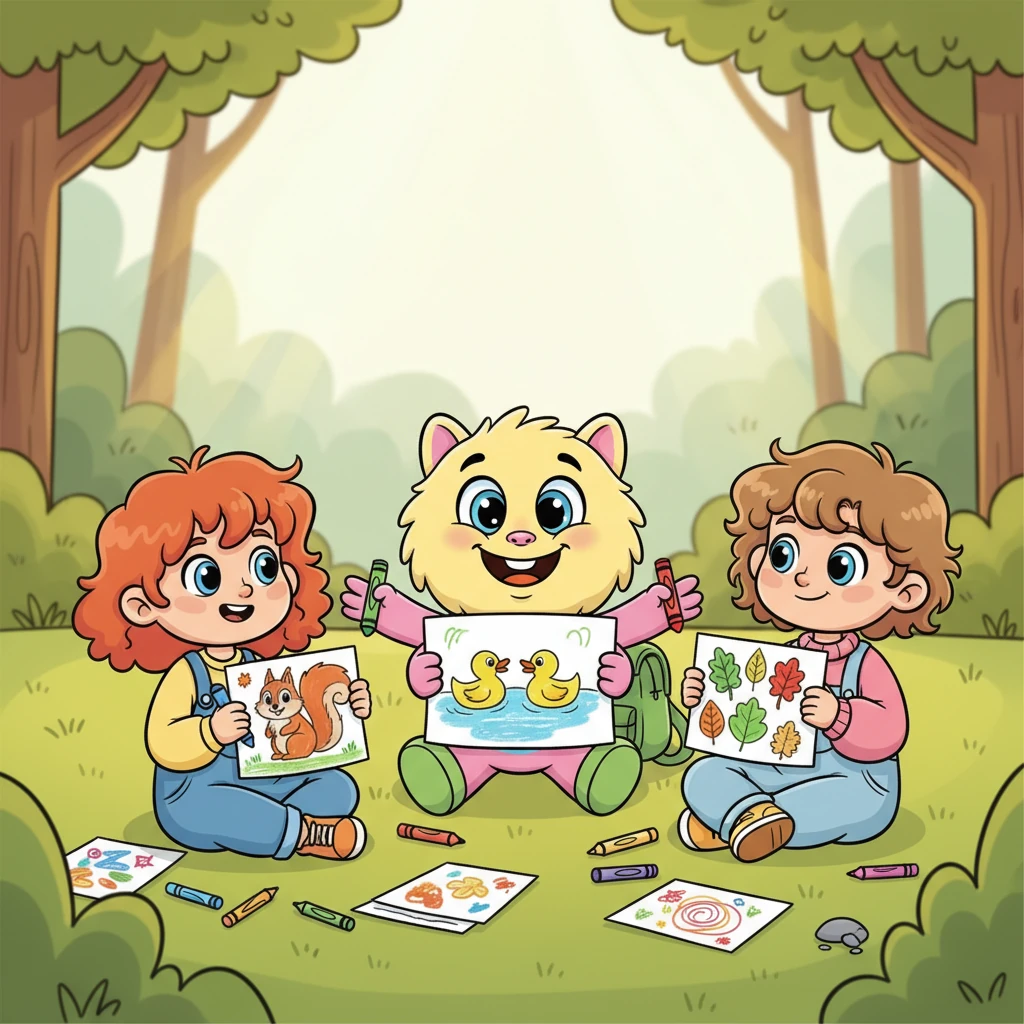 Po tylu odkryciach, dzieci usiadły na polanie i zaczęły rysować to, co najbardziej im się podobało. Anastazja narysowała wiewiórkę, Leon kaczuszki, a Tycjan piękne liście. Ich rysunki były pełne jasnych kolorów i radości.