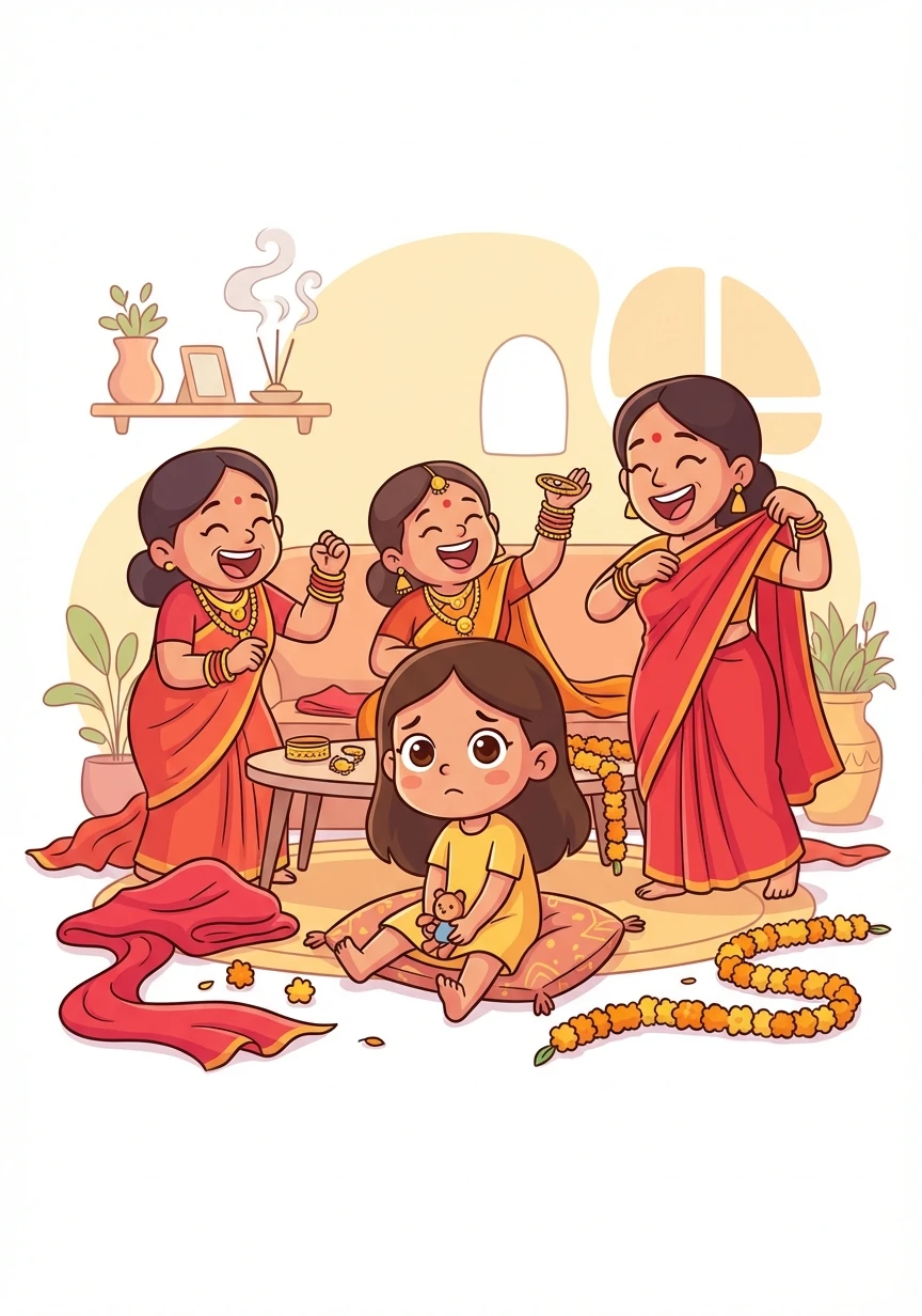 The lounge room was a sea of crimson. The scent of incense filled the air as Paru’s mother and aunts laughed, adjusting heavy gold jewelry and smoothing vibrant saris. They were preparing for the Teej festival, a day of fasting and sisterhood. Amidst the joyful chaos, Paru felt like an outsider. The excitement felt loud and confusing, so she quietly slipped away.