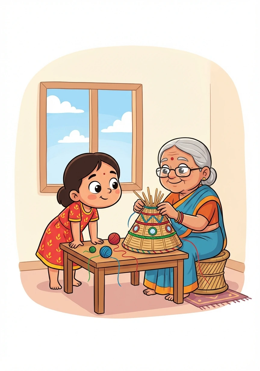 Paru found her grandmother, Aama, in her quiet room, carefully weaving a Chulthi. The Chulthi was an intricate basket of woven reeds, adorned with colorful threads and tiny mirrors. Aama's wrinkled hands moved with practiced grace as she explained it was a special gift for the Teej festival.
