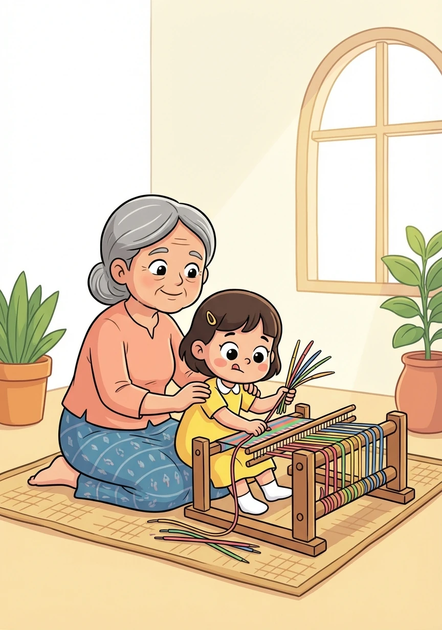 Aama smiled gently and invited Paru to sit beside her. She began to teach Paru the ancient art of weaving the Chulthi. Paru's fingers fumbled at first, but Aama patiently guided her, showing her how to intertwine the reeds and secure the threads.