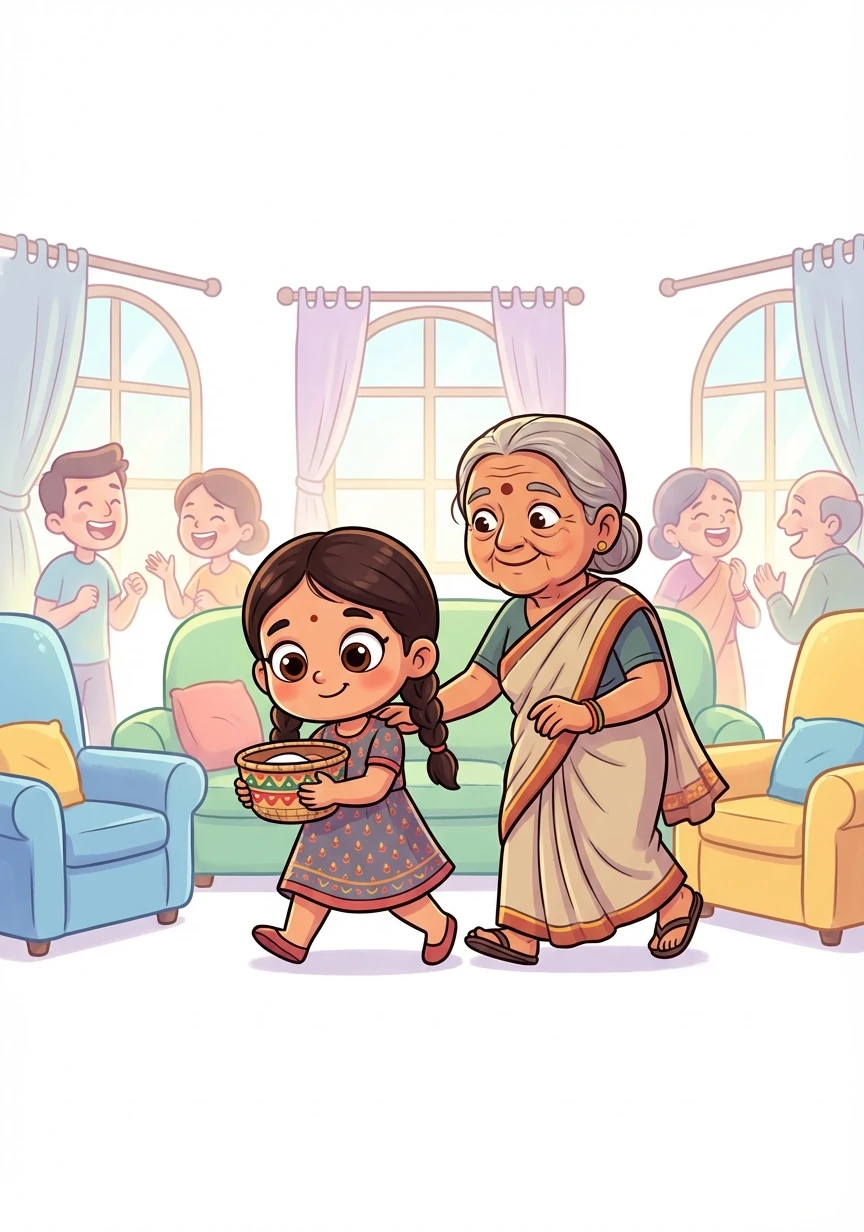 Together, Paru and Aama walked back into the lounge room, the Chulthi held carefully in Paru's hands. The room was still filled with laughter and excitement, but this time, Paru felt a part of it.