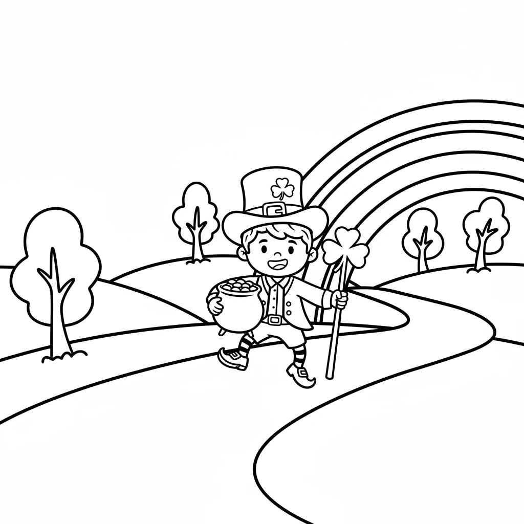 With a happy skip, Liam began to follow the rainbow's path. It led him over rolling hills and past sleepy trees, deeper into the quiet countryside. He wondered where it might end.