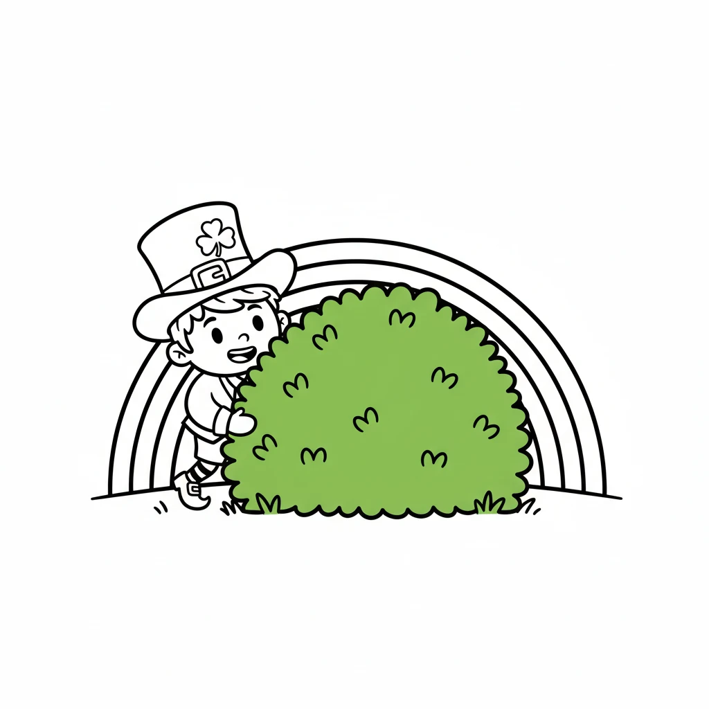 The rainbow seemed to dip behind a large, rounded bush. Liam tiptoed closer, his heart thumping with excitement. He carefully peeked around the leaves.