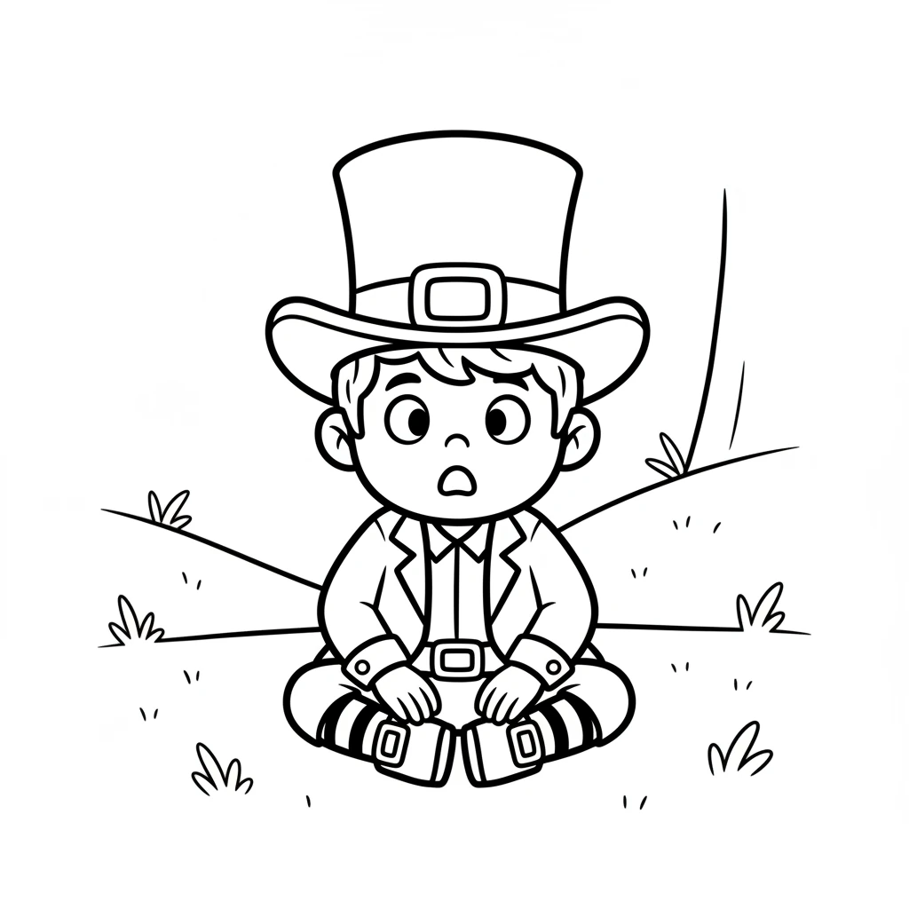 And there, sitting cross-legged, was a little leprechaun! He wore a tall hat and tiny buckled shoes. The leprechaun looked up, startled, his eyes wide.