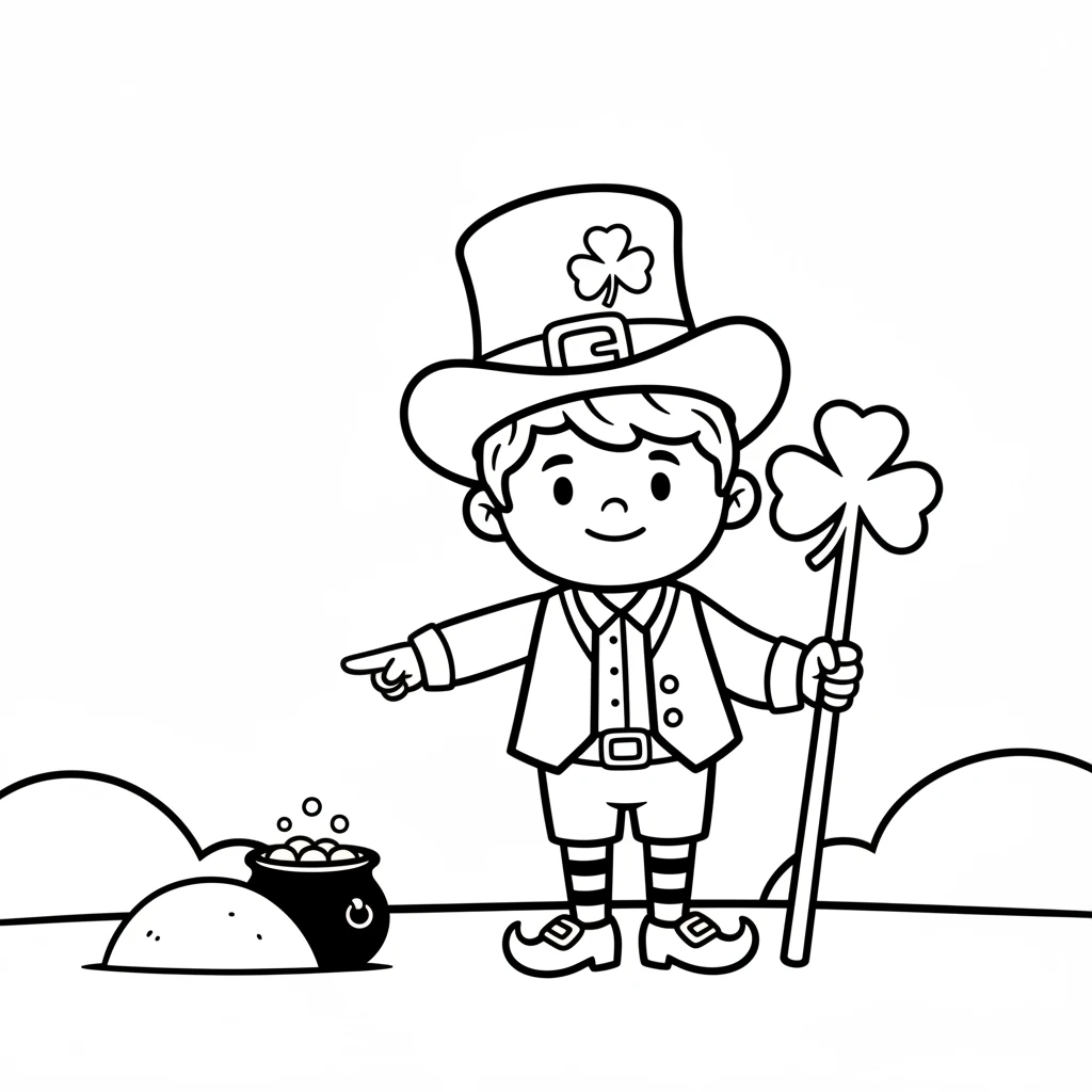 The leprechaun quickly smiled, a friendly twinkle in his eye. He pointed to a small, dark pot hidden nearby. Inside, a few shiny, simple circles glinted – a tiny pot of gold!