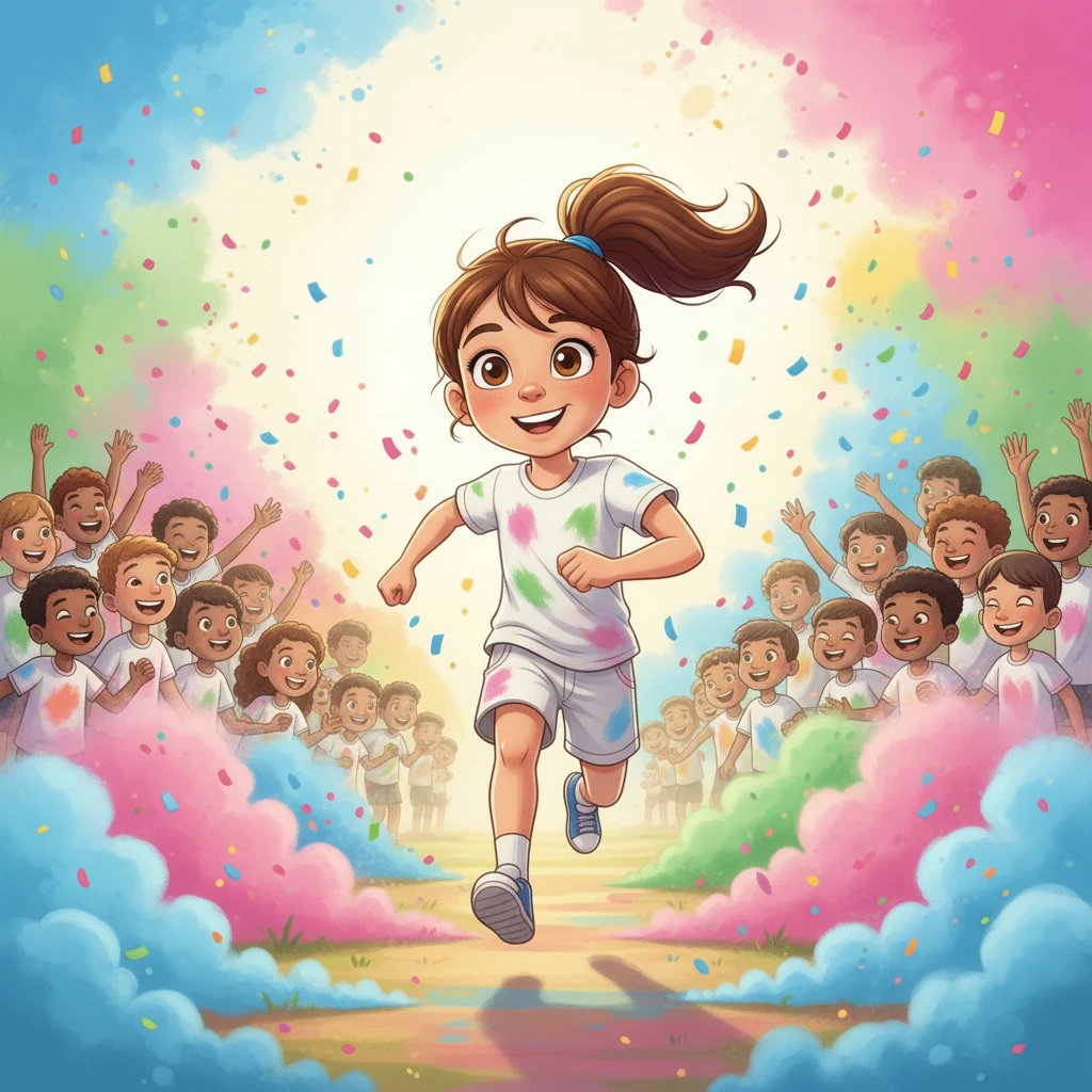 The starting horn blew, and Zoe sprinted off with a burst of energy. She dodged the vibrant clouds of pink, green, and blue, aiming for the lead. The colourful powder felt like a cool shower of confetti as she raced along the course. Zoe felt an exhilarating rush.