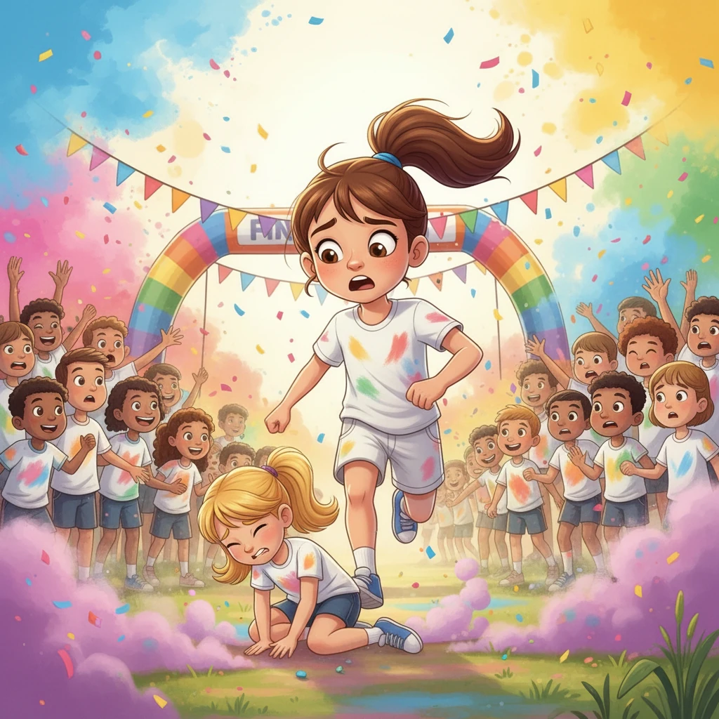Zoe was nearing the front when she saw her friend, Amy, trip. Amy fell hard, clutching her knee in pain. Zoe stopped dead in her tracks, her face etched with concern. She thought about the race and how close she was to winning.