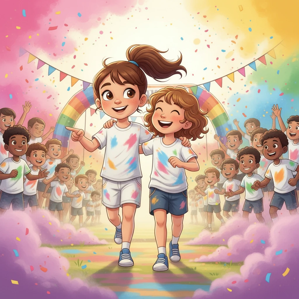 Zoe stayed with Amy, walking with her slowly back towards the finish line. The other runners whizzed past them, but Zoe didn't mind. She helped Amy laugh and pointed out the colourful clouds of powder. Their friendship felt much more important than winning.