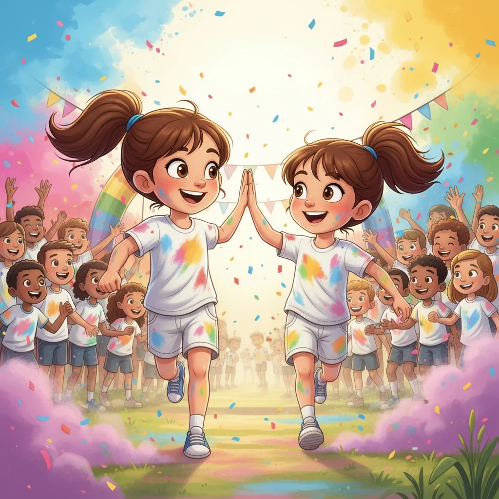 They crossed the finish line together, covered in a rainbow of colours. Though Zoe didn't win, she felt an overwhelming sense of happiness. Amy smiled broadly, and they shared a high-five, their friendship stronger than ever. The colour run was an unforgettable day.