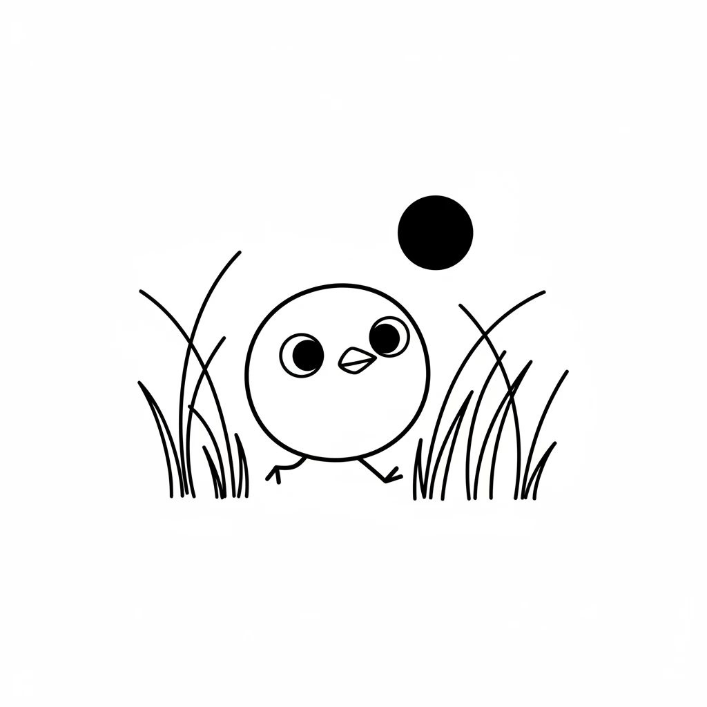 Pip, a tiny bird with two round eyes and a small beak, hopped through a field of tall, swaying grass. He had two little stick legs and a cheerful round body. The sun was a simple circle in the sky.