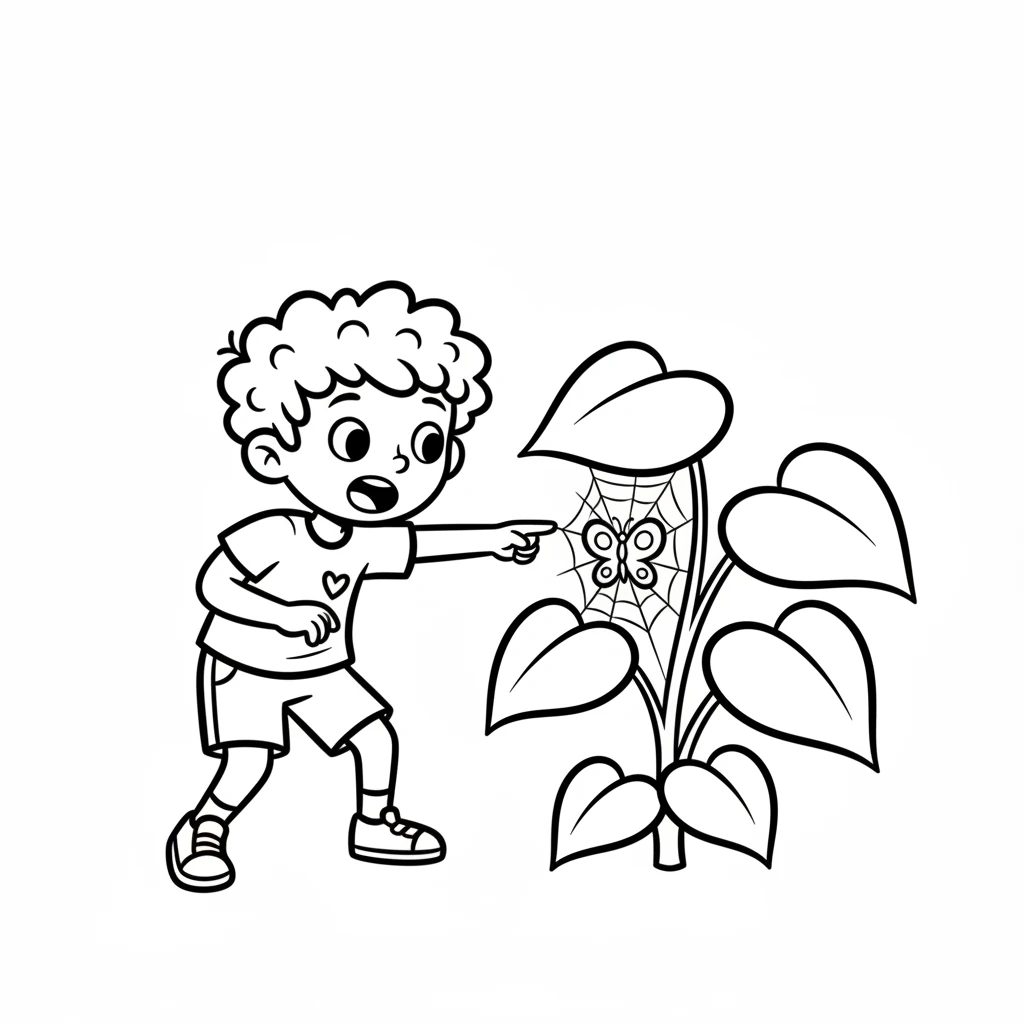 As Pip explored, he spotted a flash of color near a large, leafy plant. It was a beautiful butterfly, with big, rounded wings, but it was tangled in a sticky spiderweb. The web was drawn as delicate lines.