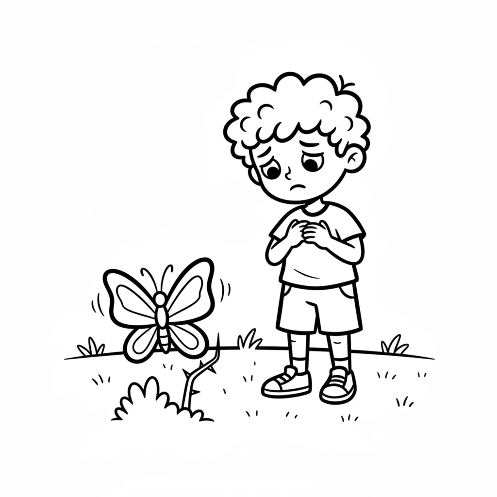 Pip tilted his head, his happy expression turning soft. He saw the butterfly gently struggling, its little antennae wiggling. Pip felt a pang of sadness for the trapped creature.