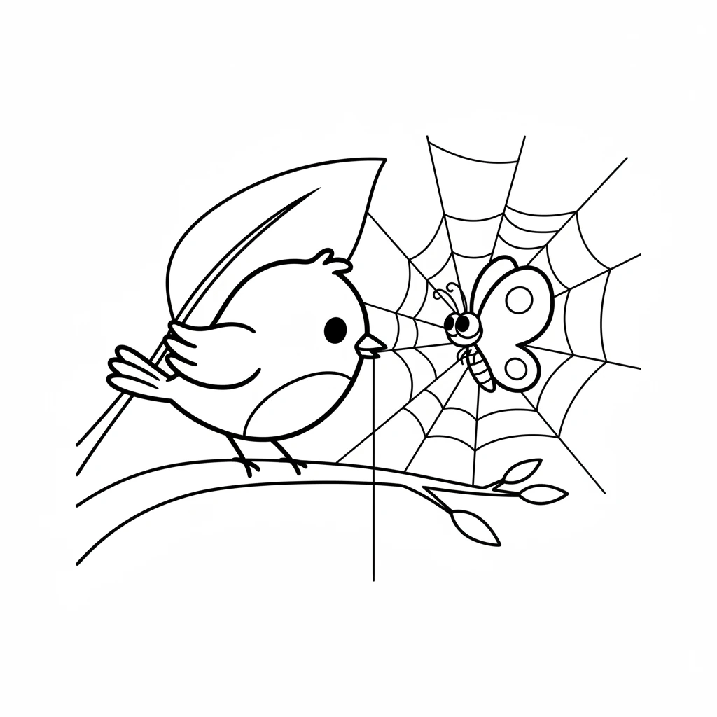 With a determined chirp, Pip carefully approached the web. He used his tiny beak to gently tug at one of the thin, dark strands holding the butterfly's wing. The butterfly looked up at him.