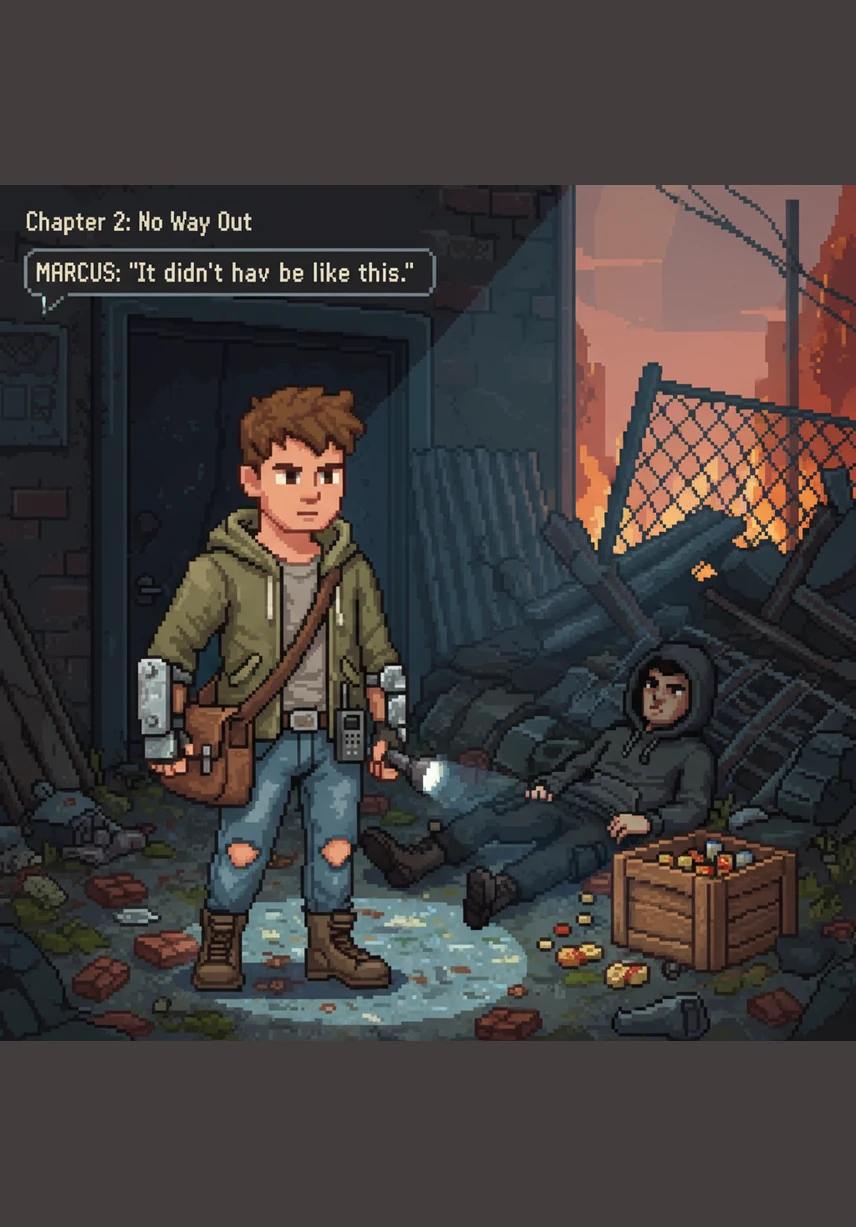 Marcus stands on a frost-covered sidewalk, the orange glow of a streetlamp casting long shadows behind him. He pulls his hoodie tight, his eyes sharp and observant of the world around him as the cold wind bites at his face.