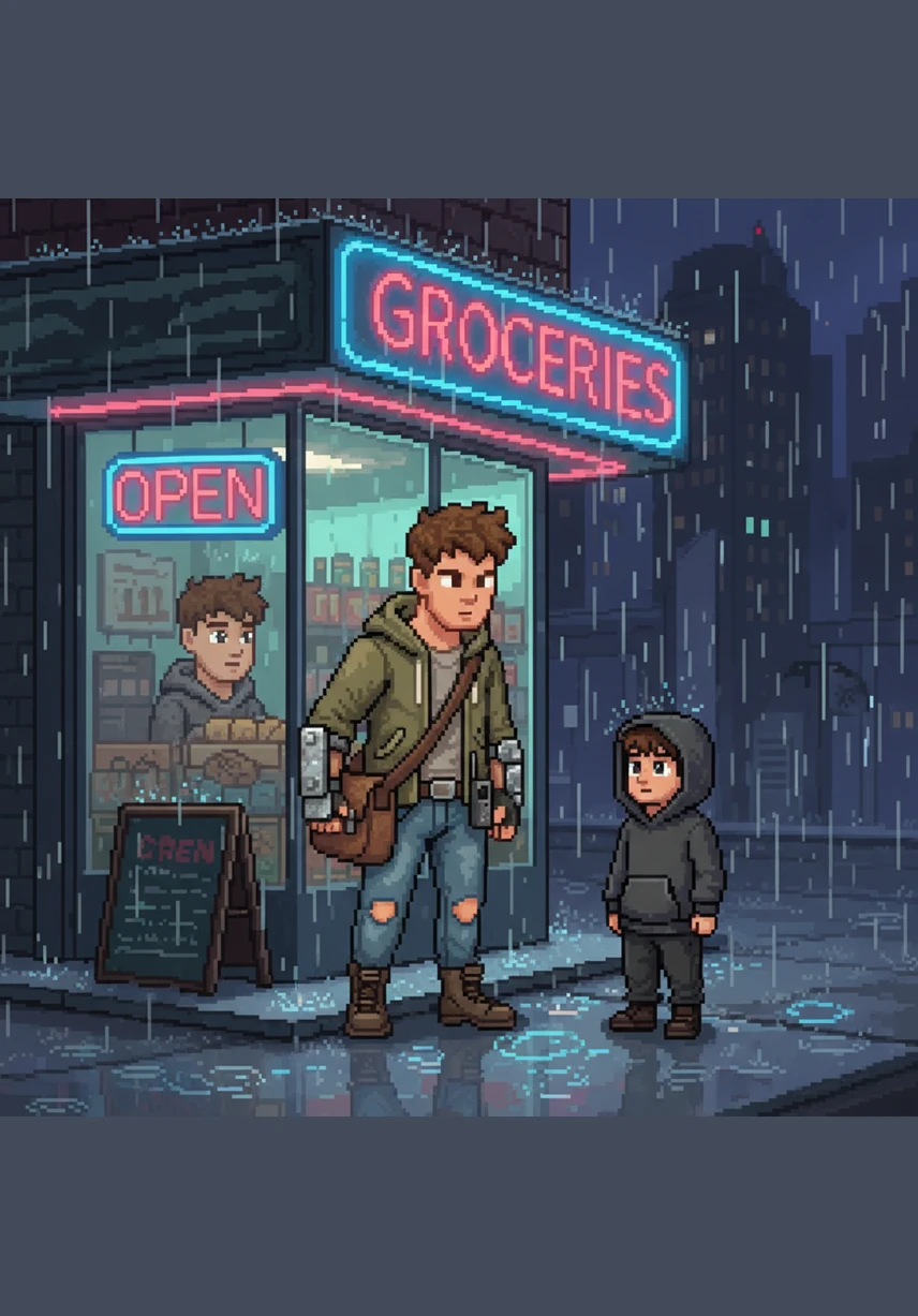 Rain begins to fall, reflecting the flickering neon signs of a corner store where Marcus stops to catch his breath. He watches a younger kid look up at him, and for a moment, he sees his own reflection in the boy’s wide, searching eyes.