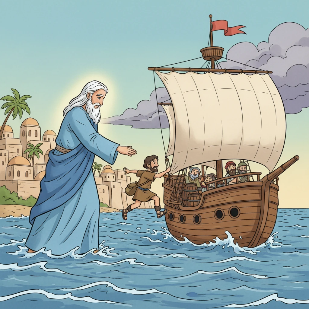 Dios le habló a Jonás, pidiéndole que fuera a Nínive para enseñar a la gente a portarse bien. Jonás, en lugar de obedecer, decidió huir. Se embarcó en un barco con la esperanza de escapar de la voluntad de Dios, sin saber lo que le esperaba.