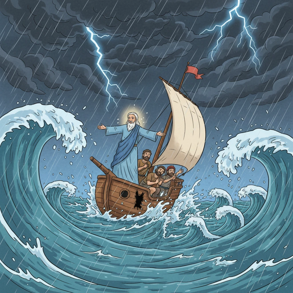 En el mar, una gran tormenta se desató, amenazando con hundir el barco. Los marineros, aterrorizados, oraron a sus dioses para ser salvados. El barco era sacudido por olas gigantes, y todos temían por sus vidas.