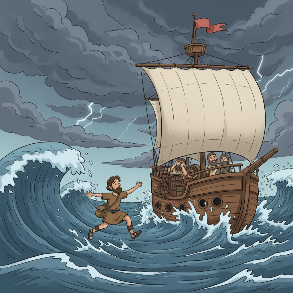 Jonás, consciente de que era el causante de la tormenta, confesó a los marineros que estaba huyendo de Dios. Les dijo que lo arrojaran al mar para calmar la tempestad. Con tristeza, lo hicieron.