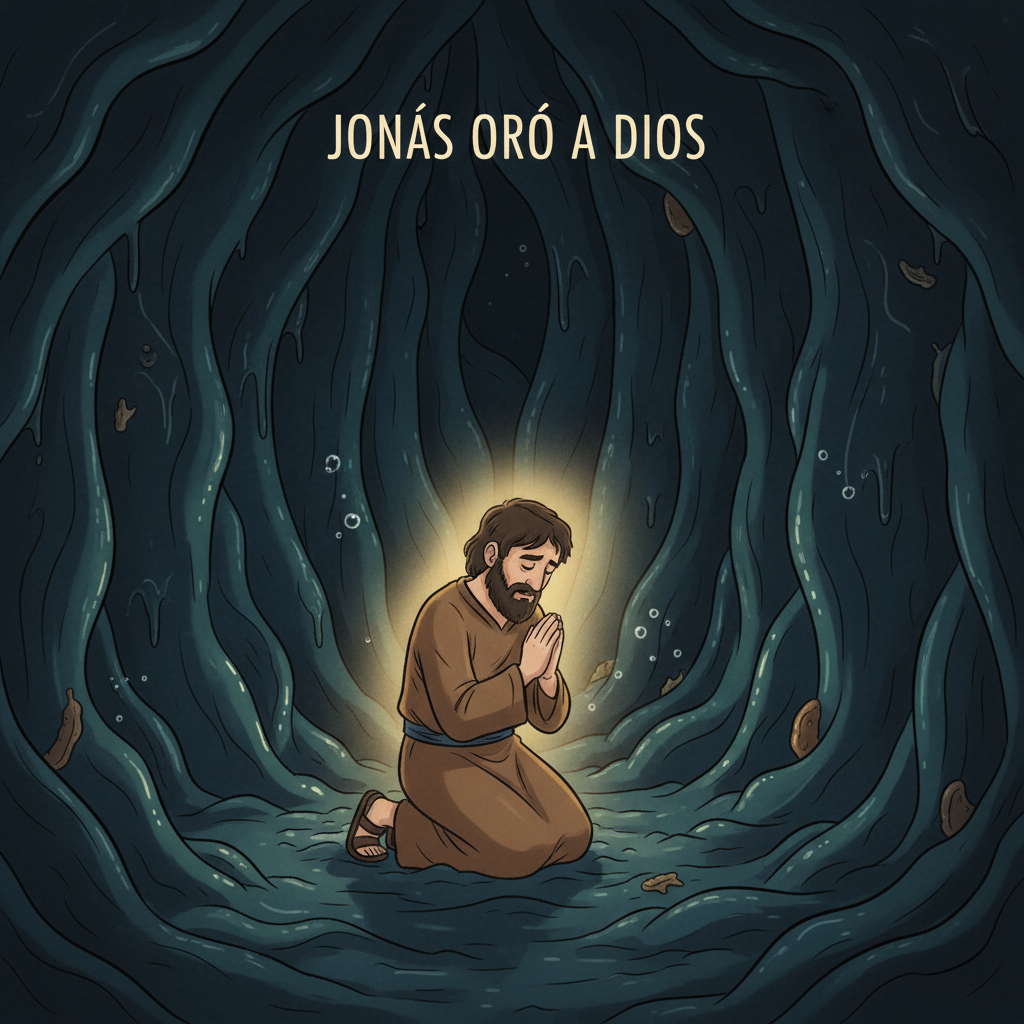 En el mar embravecido, un gran pez se tragó a Jonás. Dentro de la oscuridad del pez, Jonás oró a Dios, arrepintiéndose de su desobediencia. Pasó tres días y tres noches en el interior del pez.