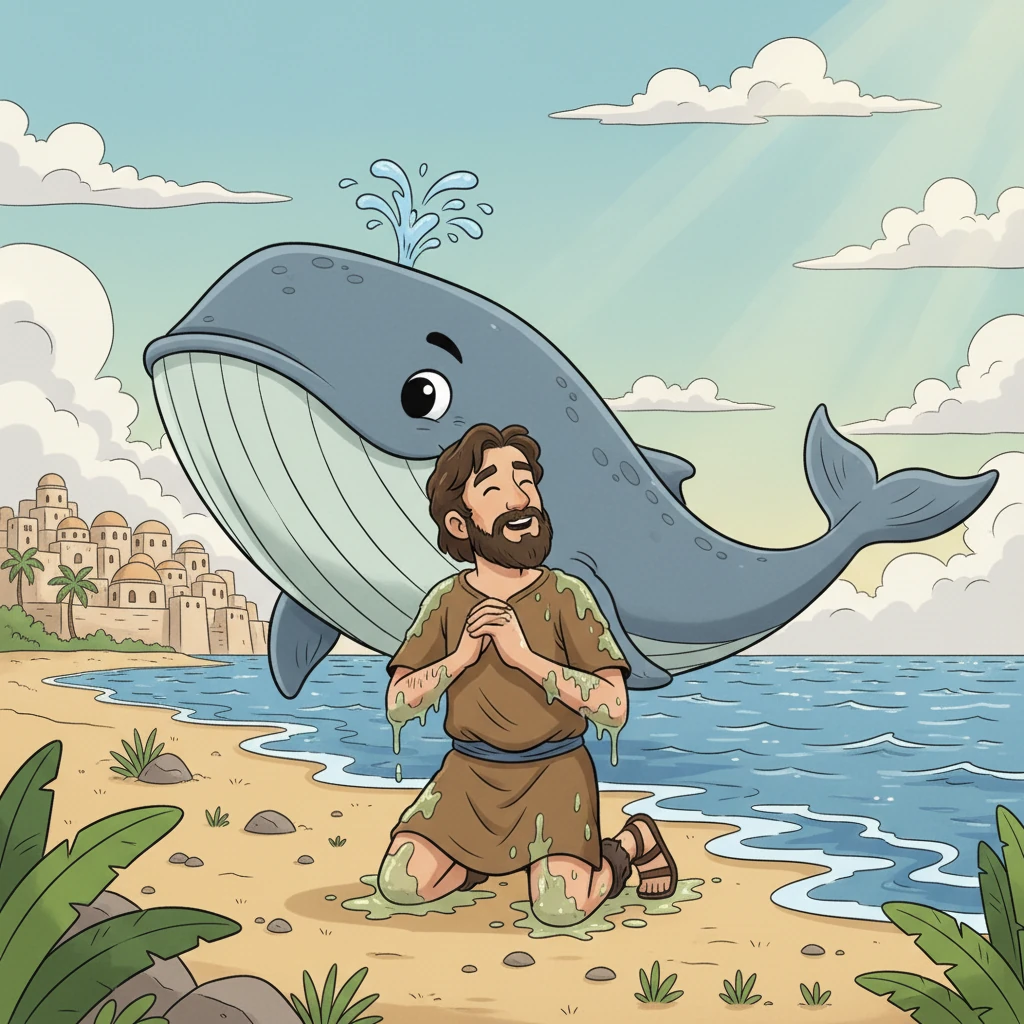 Después de su oración, Dios escuchó a Jonás y ordenó al pez que lo vomitara en la playa. Jonás, arrepentido y agradecido, comprendió la importancia de obedecer a Dios. Decidió ir a Nínive.