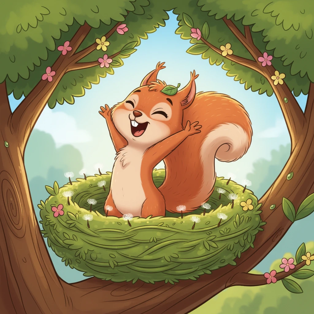 Rubi, a vibrant red squirrel, wakes up in her cozy nest high in a blooming tree in Suba Park, her magnificent fiery tail shimmering. The morning sun peeks through the leaves, casting a warm glow on her soft, reddish-brown fur. She stretches with a happy yawn, ready for a new day of adventures.