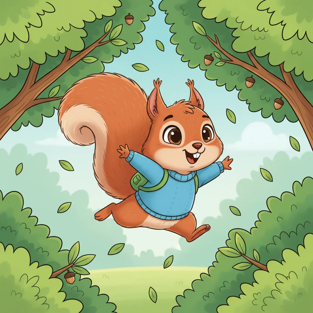 With boundless energy, Rubi springs from branch to branch, her agile paws moving like lightning. She zips through the green canopy, her bright eyes scanning for the tastiest seeds and nuts hidden among the leaves. Each leap is a joyful dance, a 'pin, pan, pum!' through the awakening park.