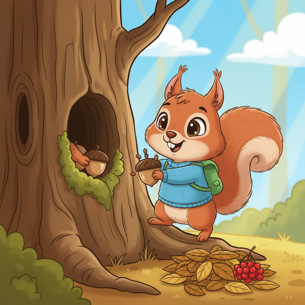 After a delightful morning of foraging, Rubi carefully selects her favorite treasures: plump seeds and delicious berries. She tucks them away with a secretive grin, hiding them deep within tree hollows, under dry leaves, and nestled in bark crevices. Each spot is a tiny, hidden pantry.