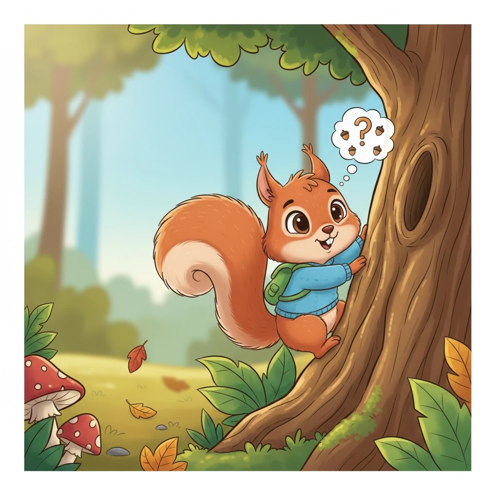 Later, a tiny 'Oops!' escapes Rubi as she wiggles her nose and taps her paw. She can't quite remember where she hid some of her snacks! Her expressive face shows a hint of playful confusion as she scurries down the tree, beginning her search.