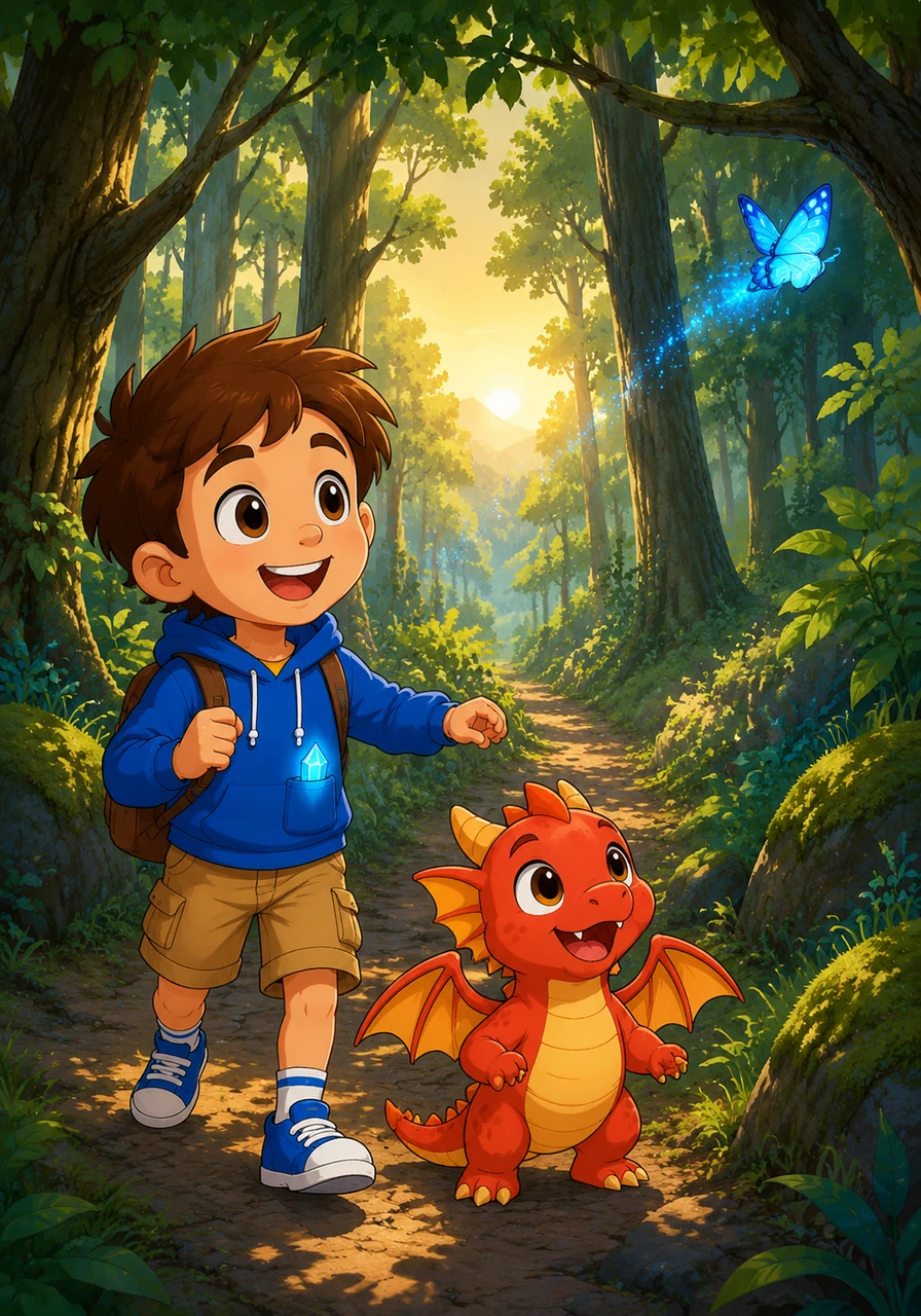 Oliver went to the edge of the ancient forest early in the morning. He saw a shimmering blue butterfly leading the way through the tall, whispering trees.
